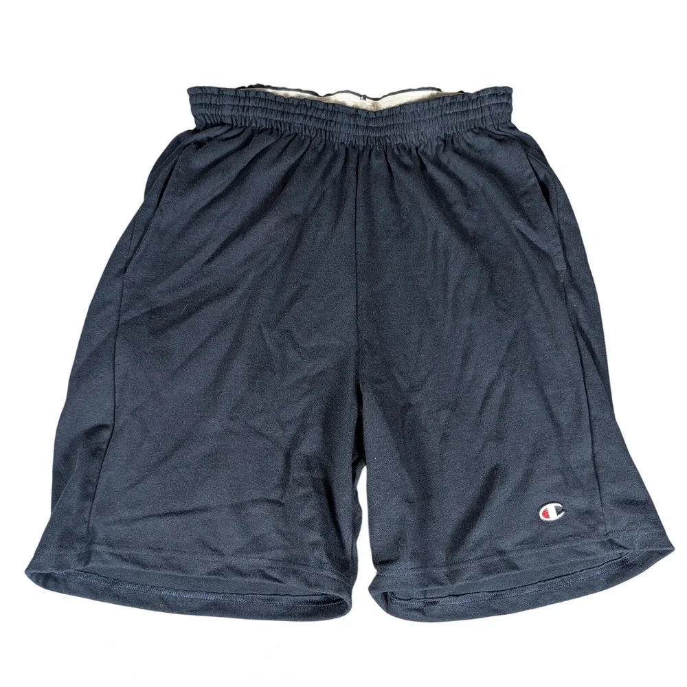 Champion Mens Navy Blue Jersey Athletic Shorts Elastic Waist Pockets Logo